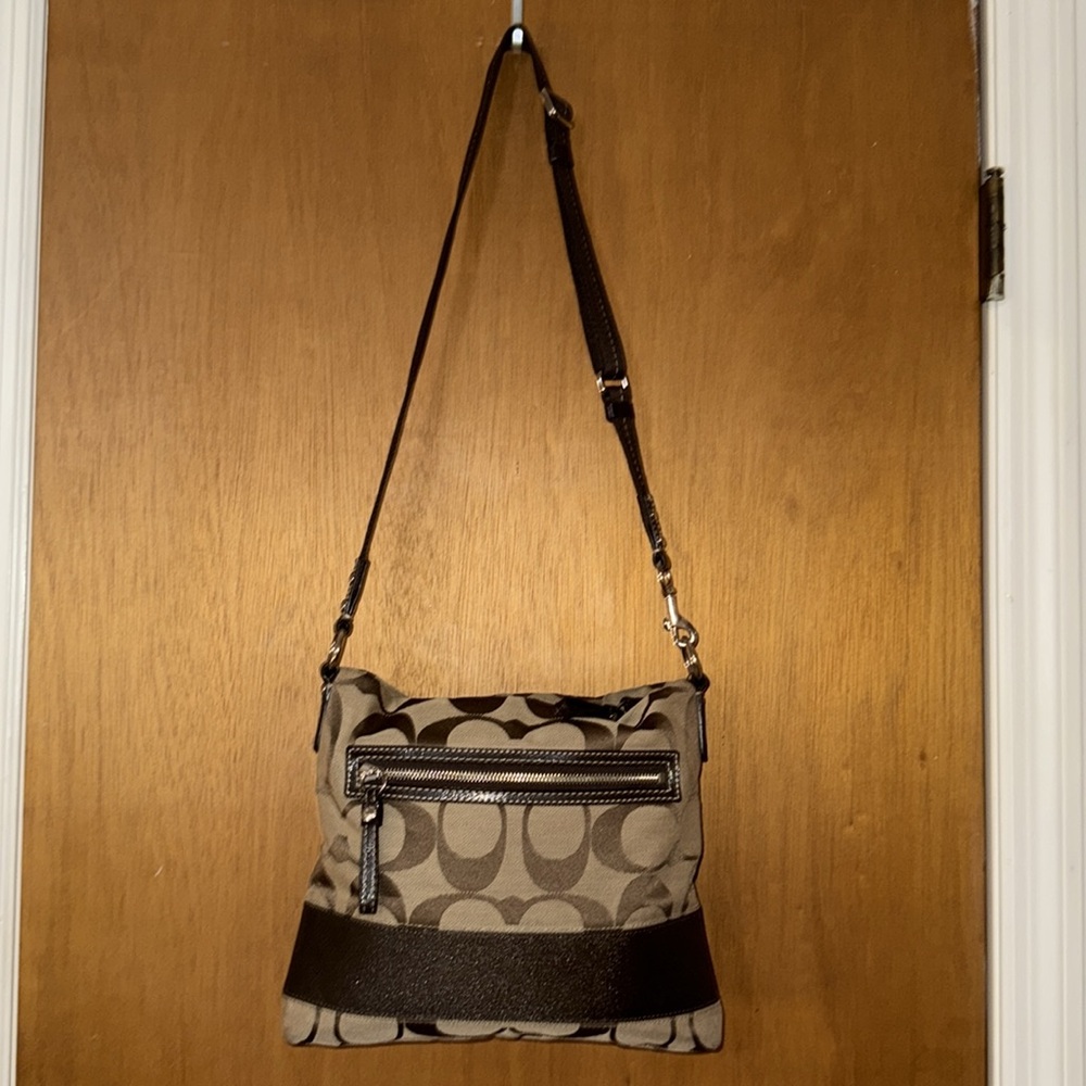 •COACH•TAN & BROWN SIGNATURE “C” STRIPED LOGO FILE TOTE CROSSBODY BAG EUC - Picture 6 of 17